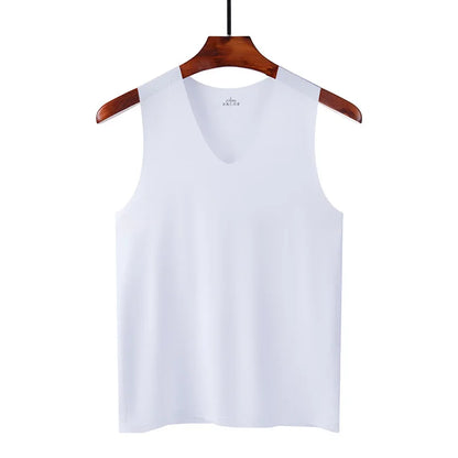 Seamless silk men's tank top vest, sleeveless sports bodysuit, plain casual summer undershirt for gym and warm weather.