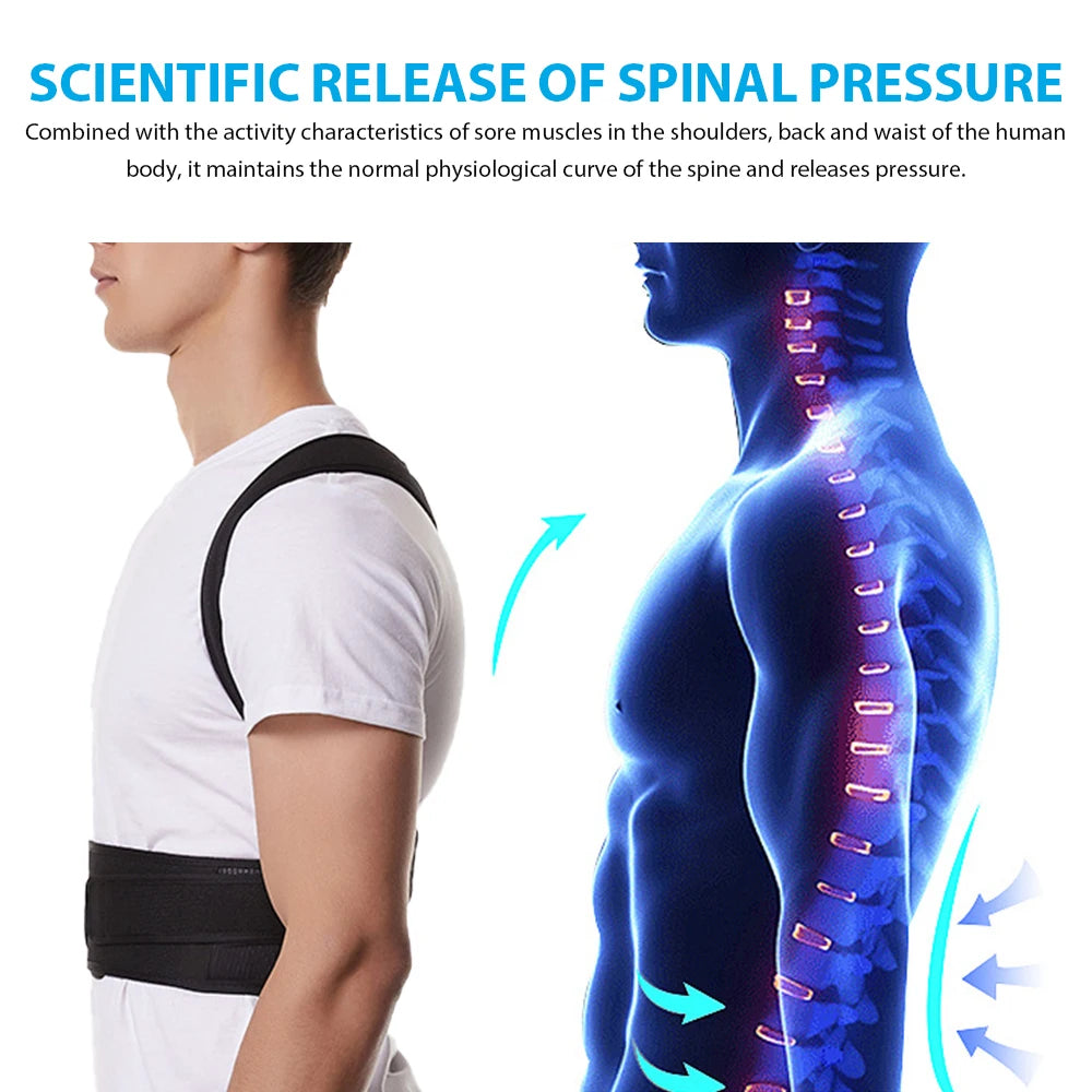Adjustable back brace lumbar support and posture corrector for women and men, designed to improve shoulder and back posture.