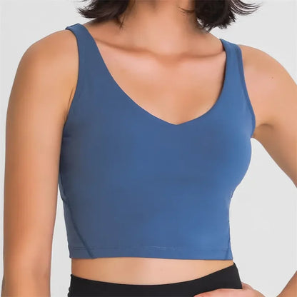 Nepoagym PASSION tank top with built-in shelf bra, removable padding, longline design, ideal for yoga and gym workouts.