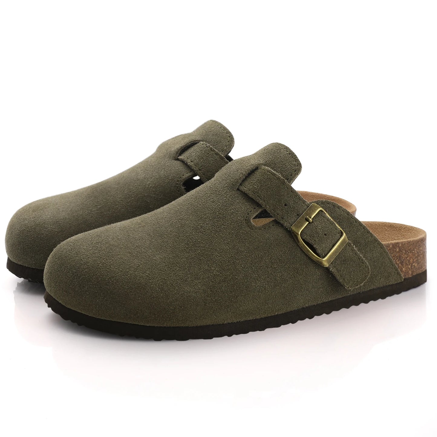 DAYO FITNESS STORE Comwarm women's suede mules slippers with cork insole, arch support, outdoor beach slides, and home shoes.