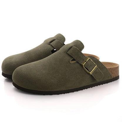 Comwarm fashion women's suede mule slippers with cork insole, arch support, outdoor beach slides, and home shoes by DAYO FITNESS STORE.