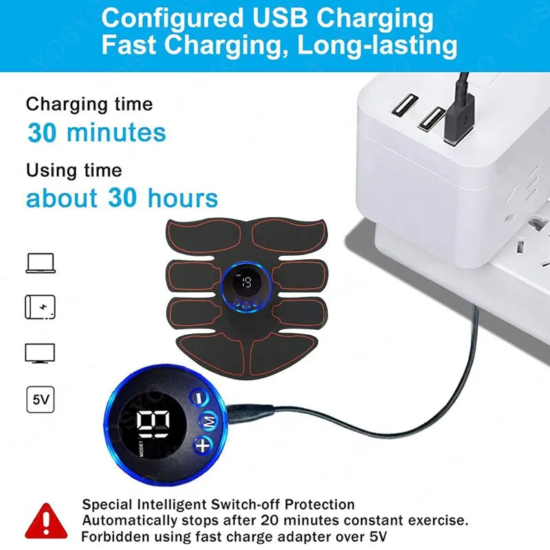 YOSYO Abdominal Muscle Massager fitness device with arm training patches, USB charging, for men's muscle exercise at home