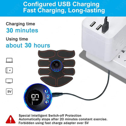 YOSYO Abdominal Muscle Massager fitness device with arm training patches, USB charging, for men's muscle exercise at home