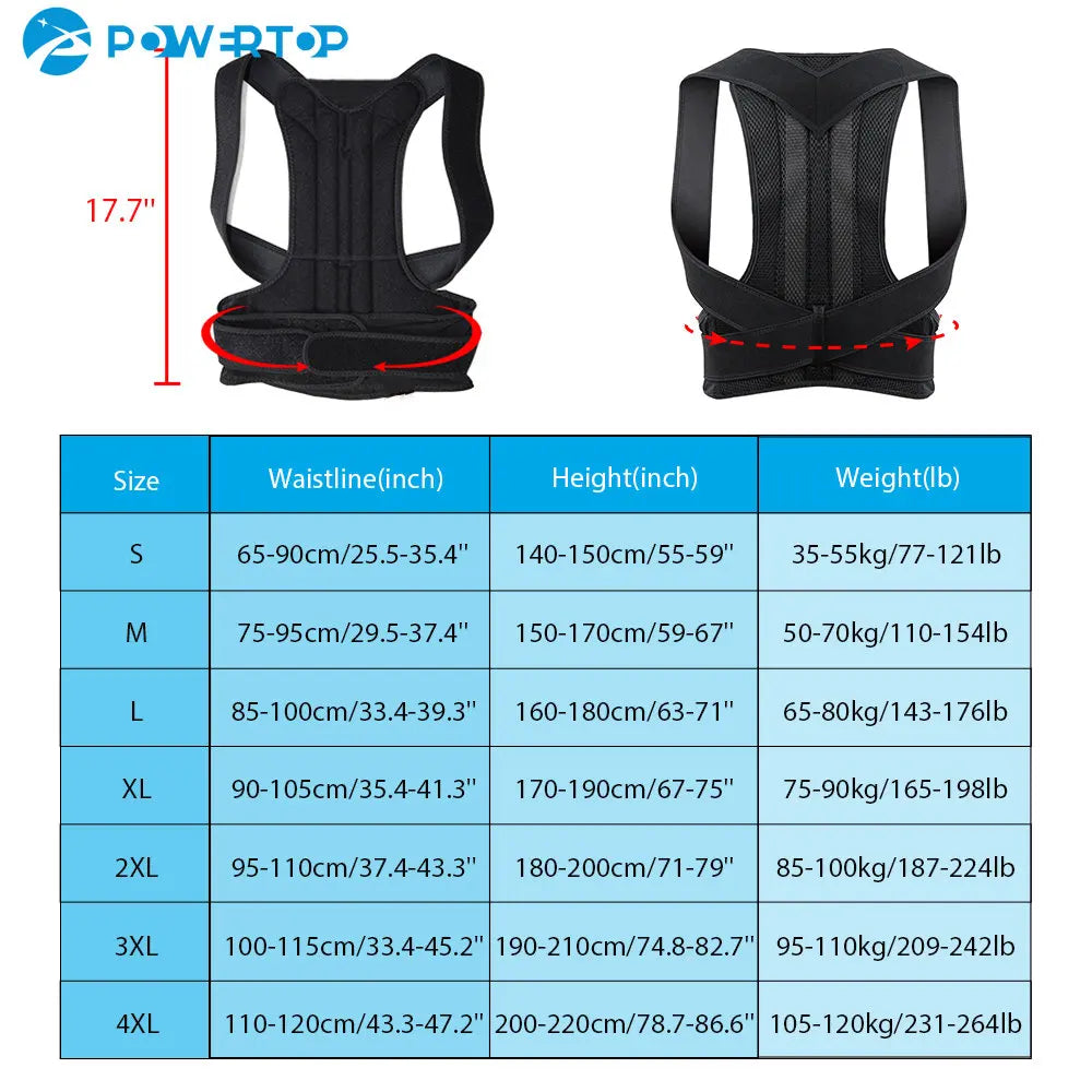 Adjustable posture corrector brace for men and women supporting back, clavicle, and spine to improve posture and reduce slouching.