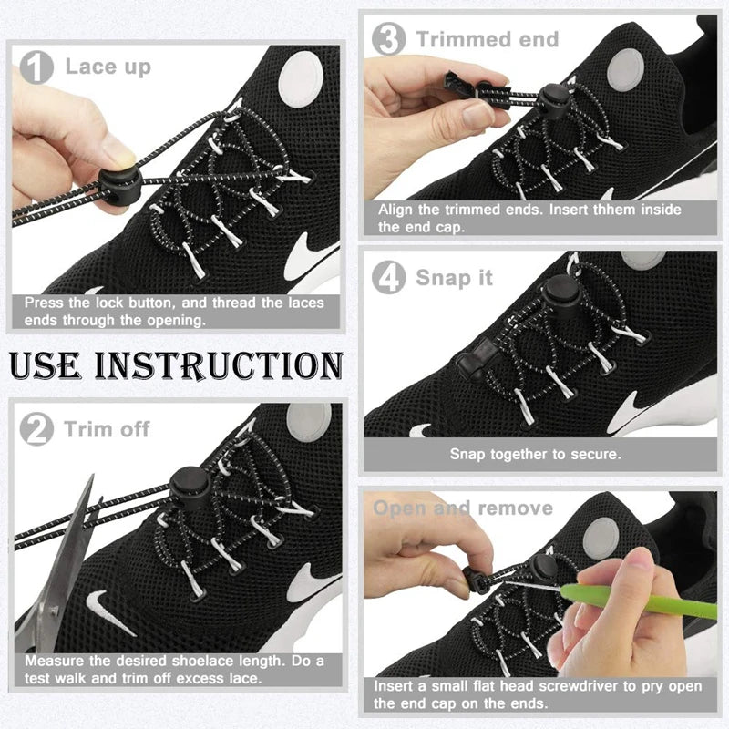 Pair of elastic no-tie sneaker shoelaces with locking mechanism, stretchable round rubber laces for easy slip-on athletic shoes.