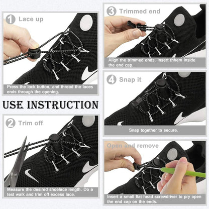 Pair of elastic no-tie sneaker shoelaces with locking mechanism, stretchable round rubber laces for easy slip-on athletic shoes.