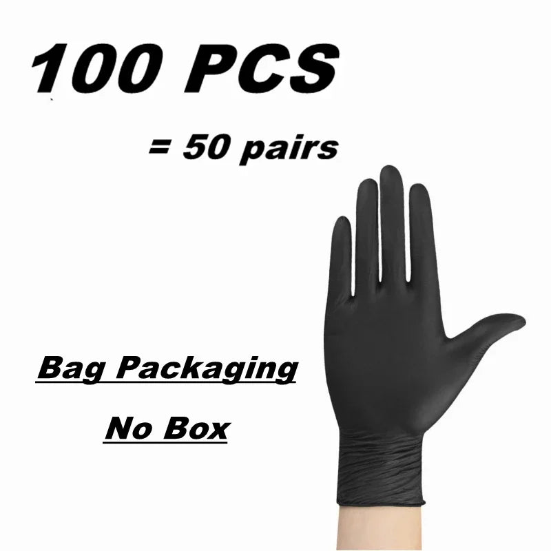 Black nitrile disposable gloves for work, home cleaning, mechanic tasks, tattooing, hair dye, and beauty; textured for grip.