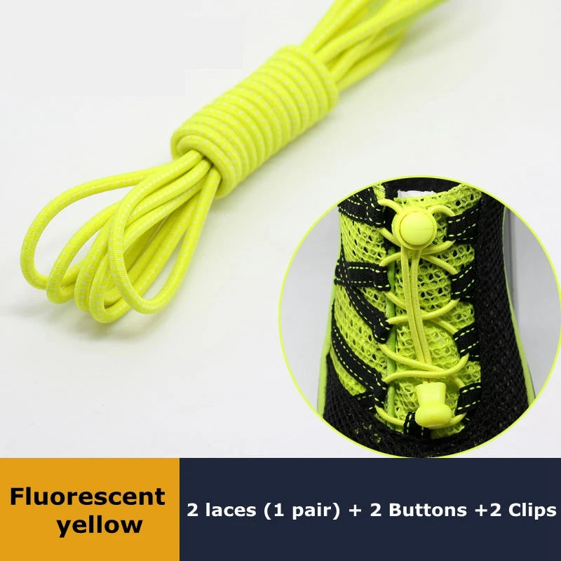 Pair of elastic no-tie sneaker laces with locking mechanism, stretchy round rubber shoelaces for easy slip-on shoes.