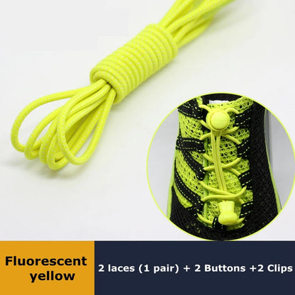 Pair of elastic no-tie sneaker laces with locking mechanism, stretchy round rubber shoelaces for easy slip-on shoes.