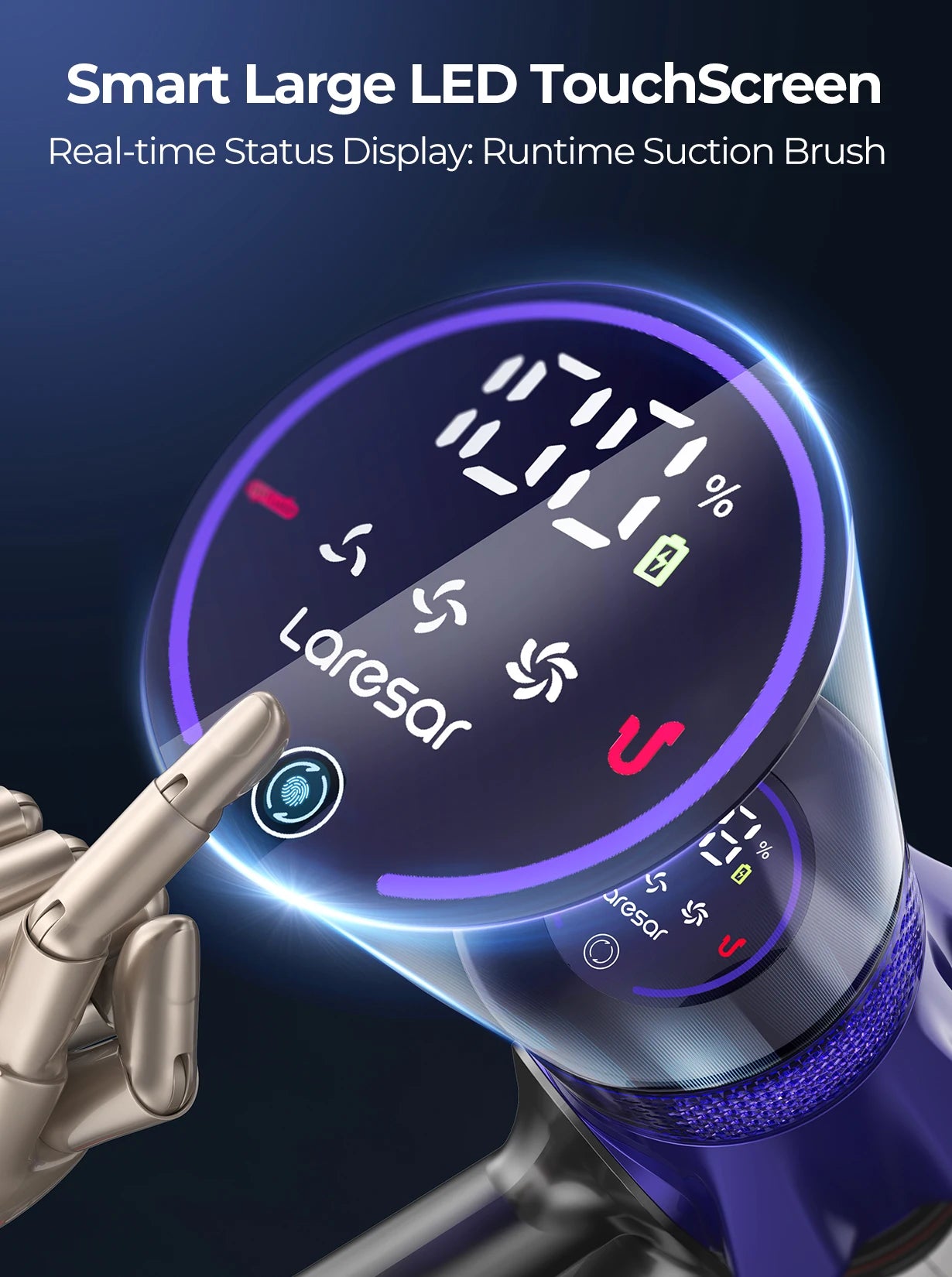 Laresar V7 cordless handheld vacuum cleaner with 500W power, 50KPA suction, removable battery, dust cup, and smart home design.