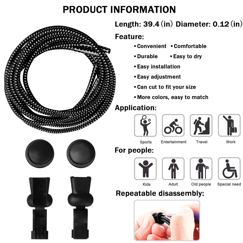 Pair of elastic no-tie sneaker laces with locking mechanism, round rubber shoestrings, suitable for casual and athletic sneakers