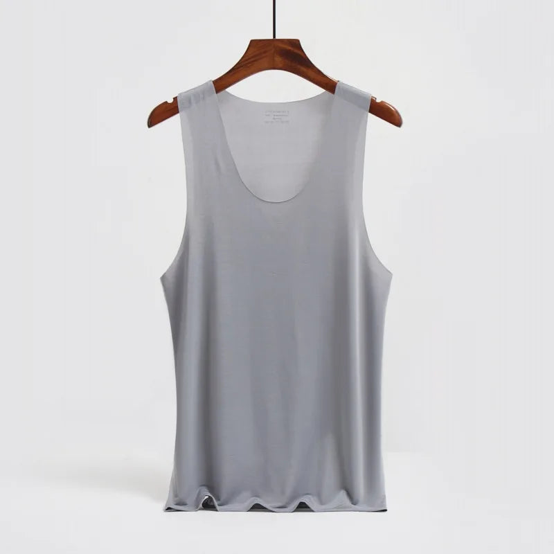 KIMR Apparel men's ice silk tank top with U-neck, sleeveless design, seamless elastic fit, ideal for casual and fitness wear.