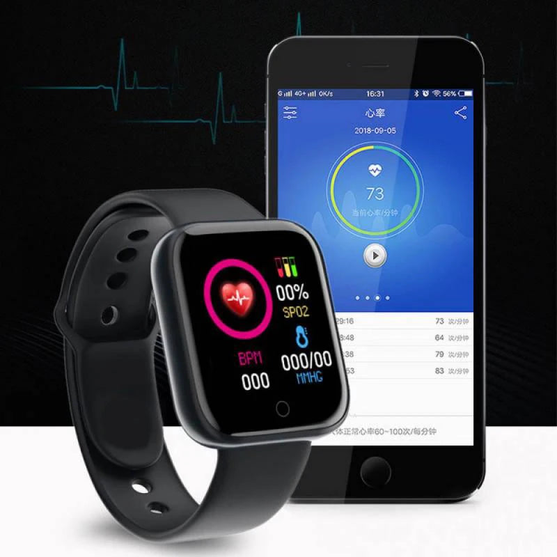 Smartwatch Y68 by OPUYYM showing fitness tracking, sleep monitoring, and Bluetooth connection with digital display on a sleek wearable.