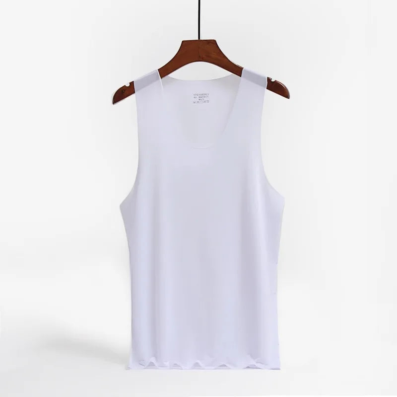 KIMR Apparel men's ice silk solid color tank top with U-neck, sleeveless design, seamless fit, ideal for casual fitness or youth wear.