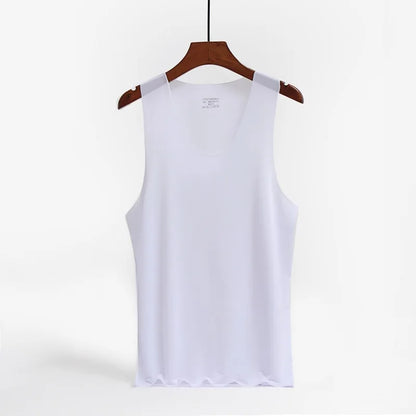 KIMR Apparel men's ice silk sleeveless tank top with U-neck, seamless elastic fitness undershirt, in solid color, casual style.