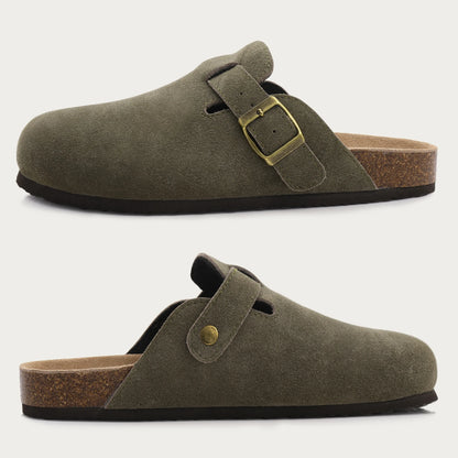 Comwarm women's suede mule slippers with cork insole, arch support, outdoor beach slides, and home shoes from DAYO FITNESS STORE