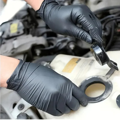 Black nitrile disposable gloves for work, cleaning, tattooing, and beauty, textured, latex-free, in packs of 10, 20, 50, or 100 pieces.