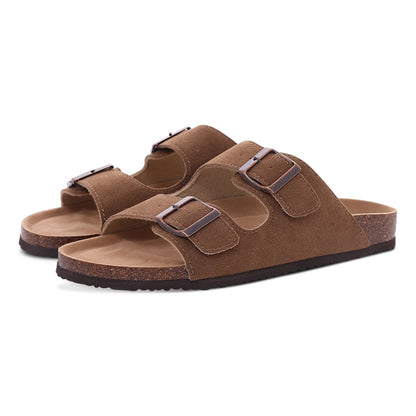 DAYO FITNESS STORE women's suede mules slippers with cork insole and arch support, outdoor beach slides and home shoes.