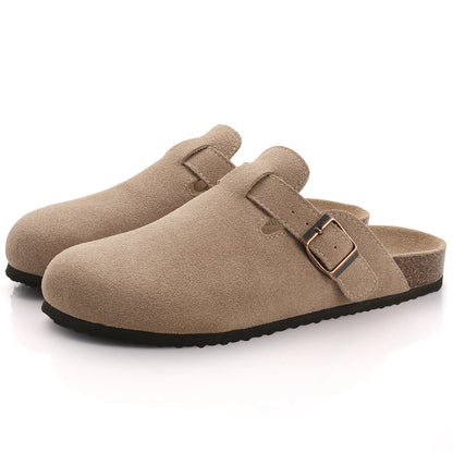 DAYO FITNESS STORE women's suede mule slippers with cork insoles, arch support, outdoor beach slides, and comfortable home shoes