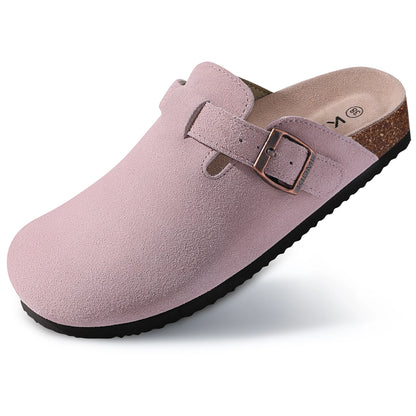 DAYO FITNESS STORE women's suede mules slippers with cork insoles, arch support, outdoor beach slides, and comfy home shoes.