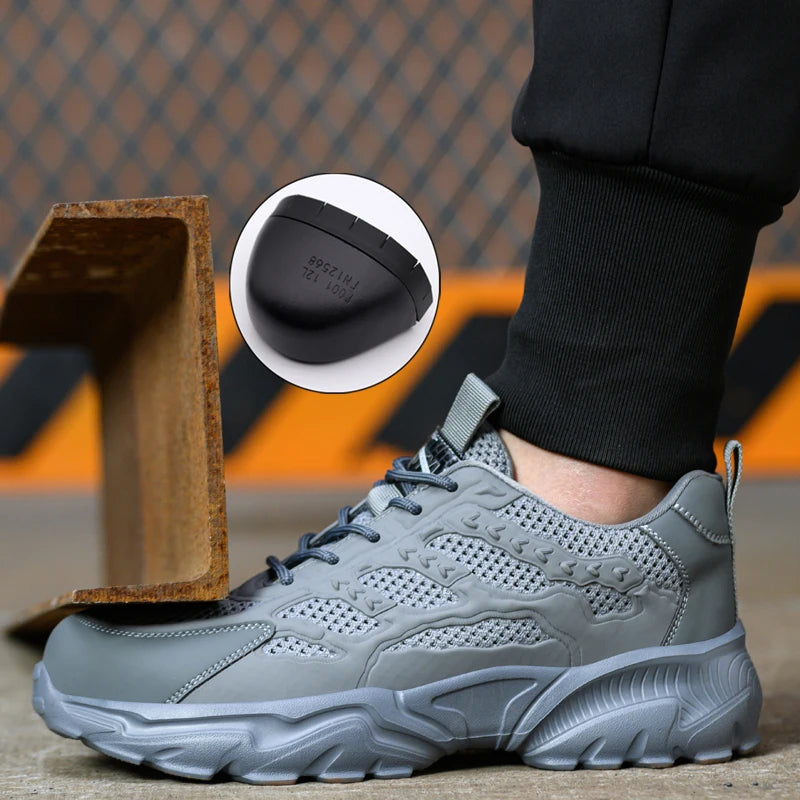 White breathable mesh safety shoes for men and women, lightweight and durable work sneakers ideal for summer use.