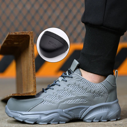 White breathable mesh safety shoes for men and women, lightweight and durable work sneakers ideal for summer use.
