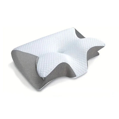 Memory foam cervical pillow with ergonomic contour design for neck support and pain relief, ideal for orthopedic comfort.