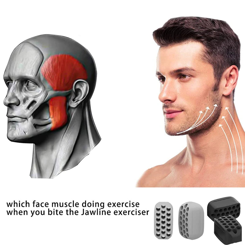 Silicone jaw exerciser and facial toner ball for jawline and neck toning, with ergonomic design for facial fitness and double chin reduction.