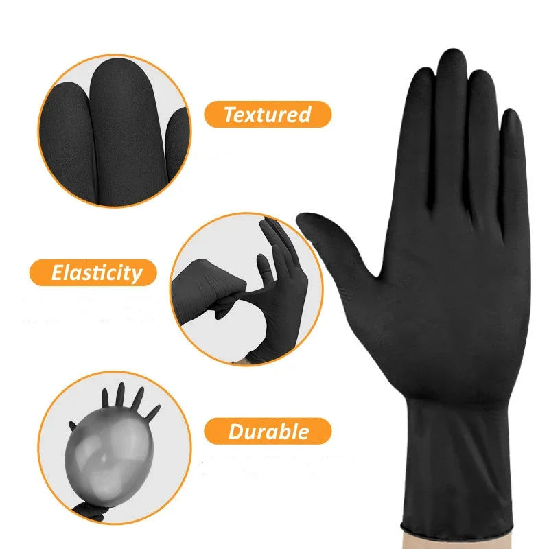 Set of black nitrile disposable gloves for work, cleaning, mechanic tasks, tattooing, hair dyeing, and beauty, textured and latex-free.