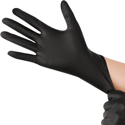Black nitrile disposable gloves for work, cleaning, tattooing, or beauty, textured, latex-free, available in multiple quantities.
