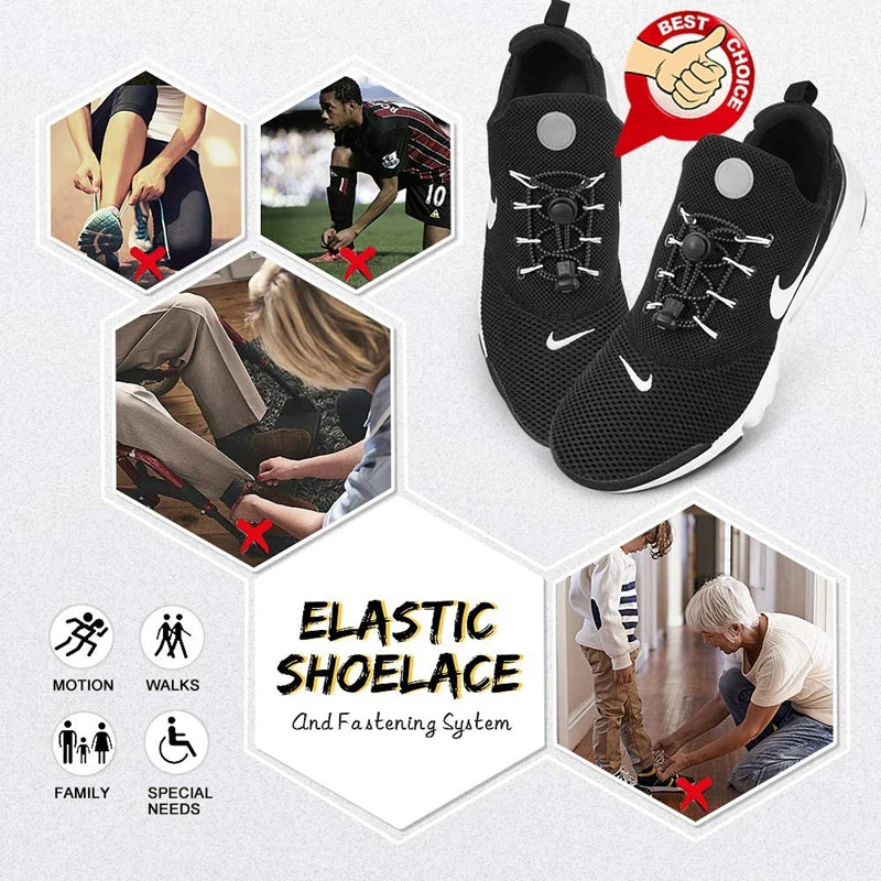Pair of elastic no-tie sneaker shoelaces with locking mechanism, stretchy round rubber shoe strings for easy slip-on comfort.