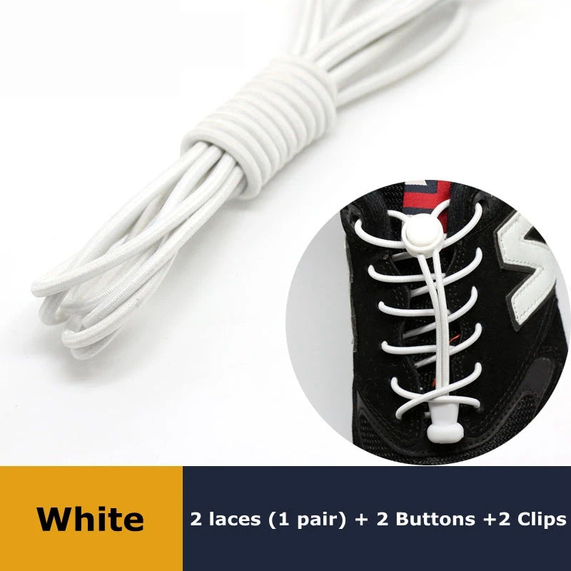 Pair of elastic no-tie sneaker shoelaces with locking mechanism, stretchy round rubber shoestrings for easy slip-on sneakers.