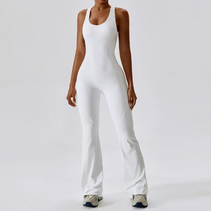 Brown flared women's jumpsuit by GLWOW Store, sleeveless fitness gym overalls for yoga, sportswear, and casual wear.