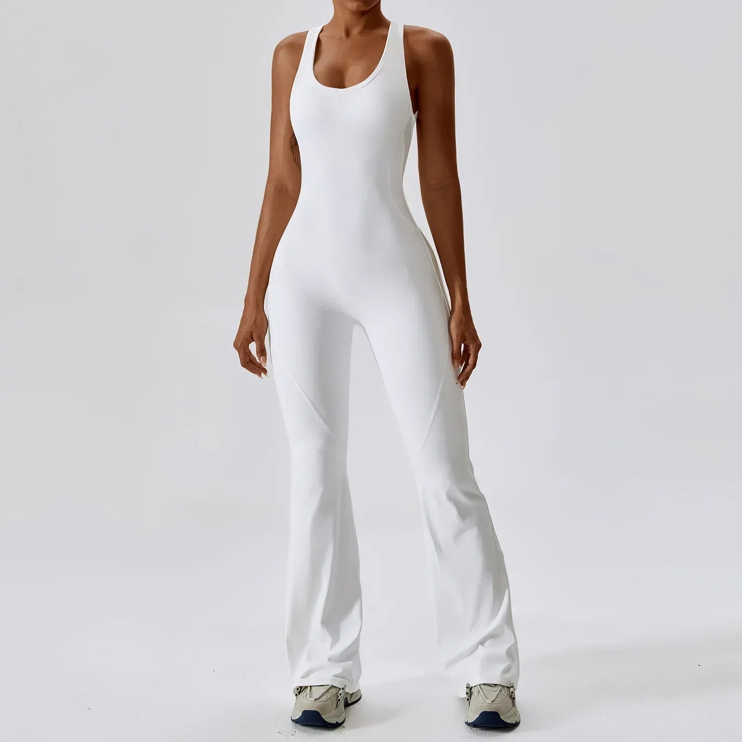 Brown flared women's jumpsuit by GLWOW Store, stylish gym overalls with long sleeves and sporty design for yoga and fitness activities.