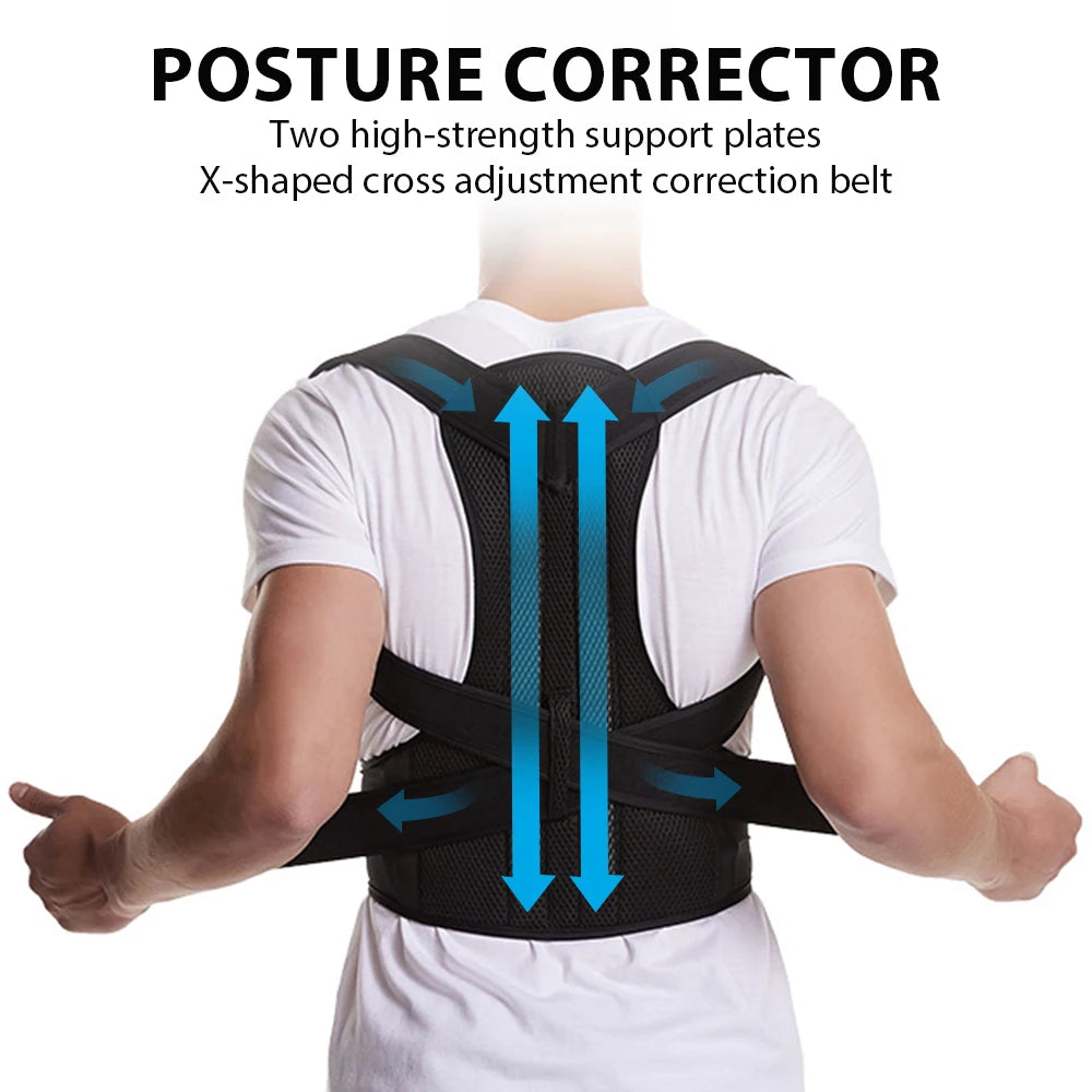 Adjustable back brace posture corrector for men and women, provides lumbar support and improves shoulder and spinal posture.