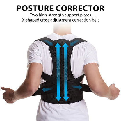Adjustable back brace posture corrector for men and women, provides lumbar support and improves shoulder and spinal posture.