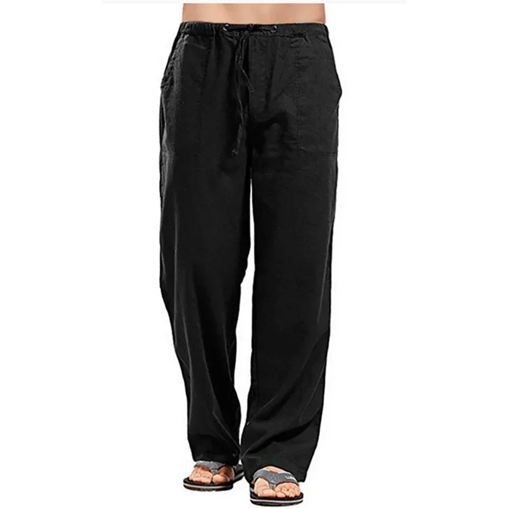 Men's cotton linen summer pants with breathable fabric, elastic waist, casual fit, solid color, suitable for active and relaxed wear.