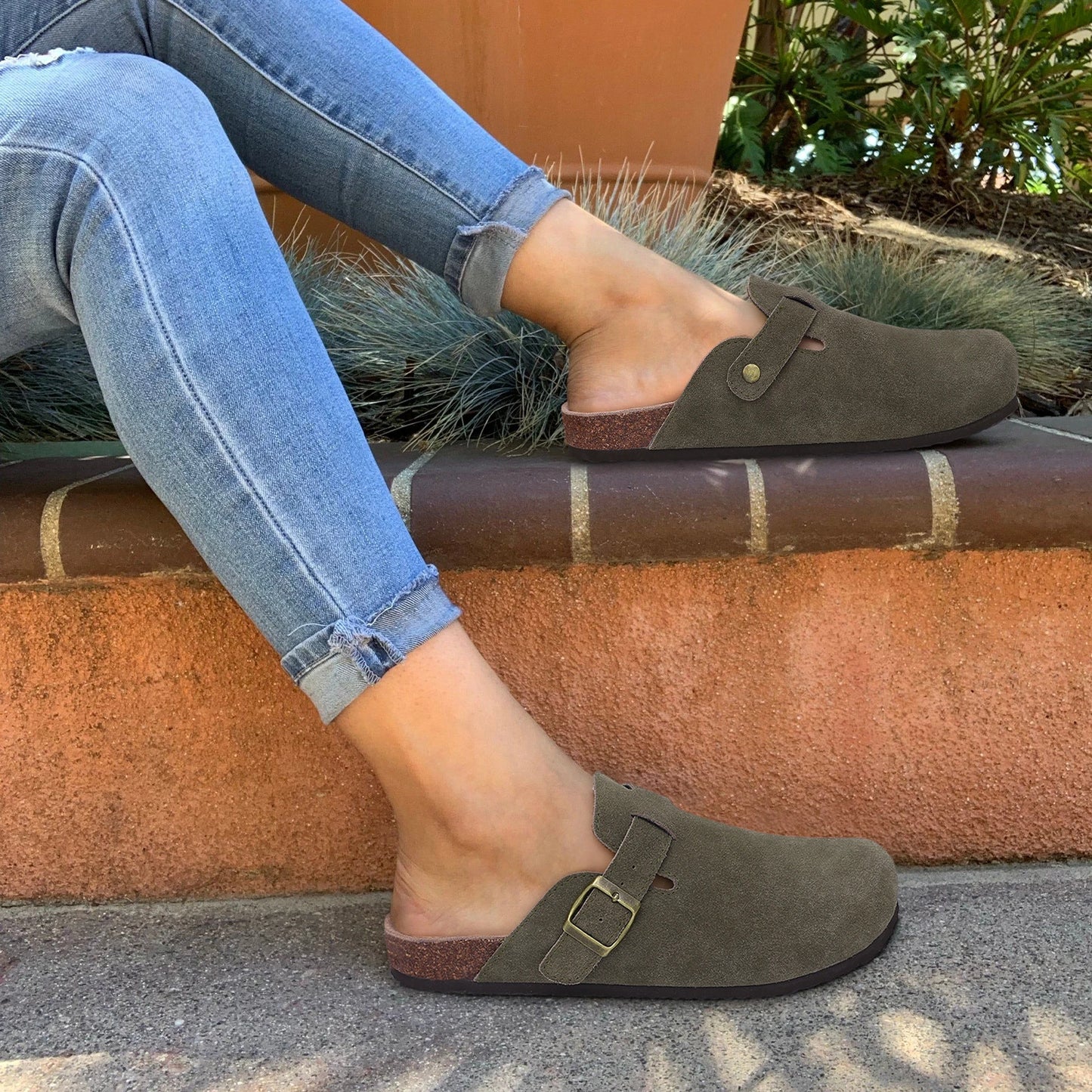 DAYO FITNESS STORE women's suede mules slippers with cork insoles, arch support, outdoor beach slides, and home shoes.