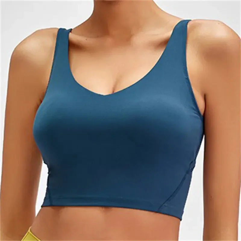 Nepoagym PASSION tank top with built-in shelf bra, removable padding, longline crop top for yoga and gym workouts.