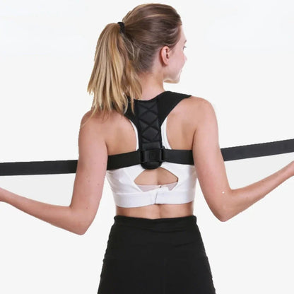 Adjustable posture corrector back brace from DAYO FITNESS STORE for spinal alignment and support, shown on a person.