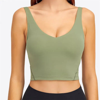 Nepoagym PASSION tank top with built-in shelf bra, removable padding, longline design, ideal for yoga and gym workouts.