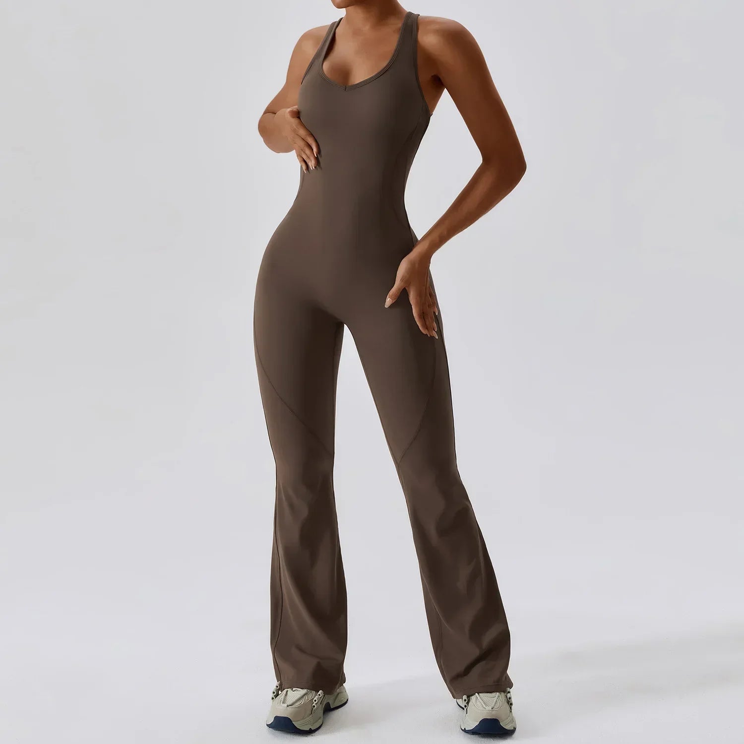 Women’s flared jumpsuit by GLWOW Store, in brown, khaki, white, and blue, featuring a stylish overalls design for fitness and yoga.