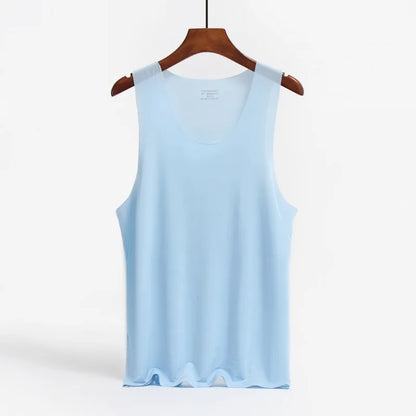 KIMR Apparel men's ice silk tank top with U-neck, sleeveless design, seamless fit, elastic fabric, casual fitness undershirt, solid color