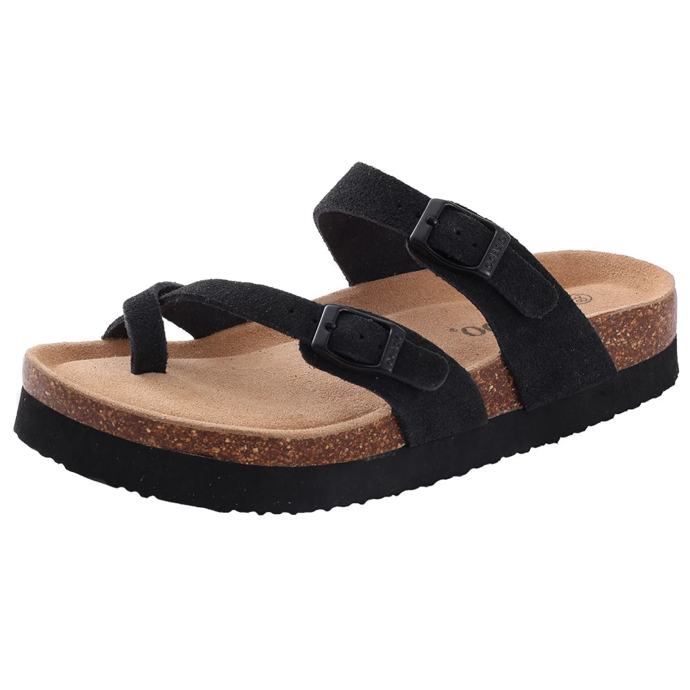 DAYO FITNESS STORE women's suede mules slippers with cork insole, arch support, outdoor beach slides, and home shoes.