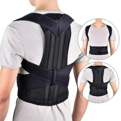 Adjustable back brace posture corrector for women and men, with shoulder straightener and full back support in black.