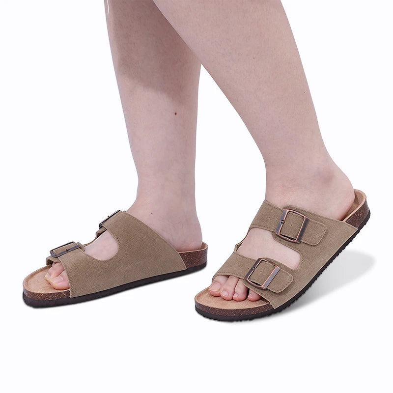 Women's suede mules by DAYO FITNESS STORE featuring cork insoles, arch support, outdoor beach slides, and comfortable home slippers.