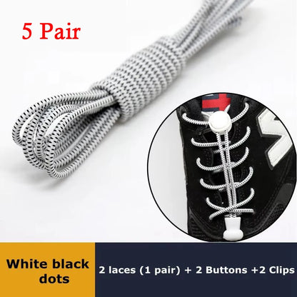 Pair of black elastic no-tie sneaker shoelaces with locking mechanism and round rubber design, suitable for casual athletic shoes.