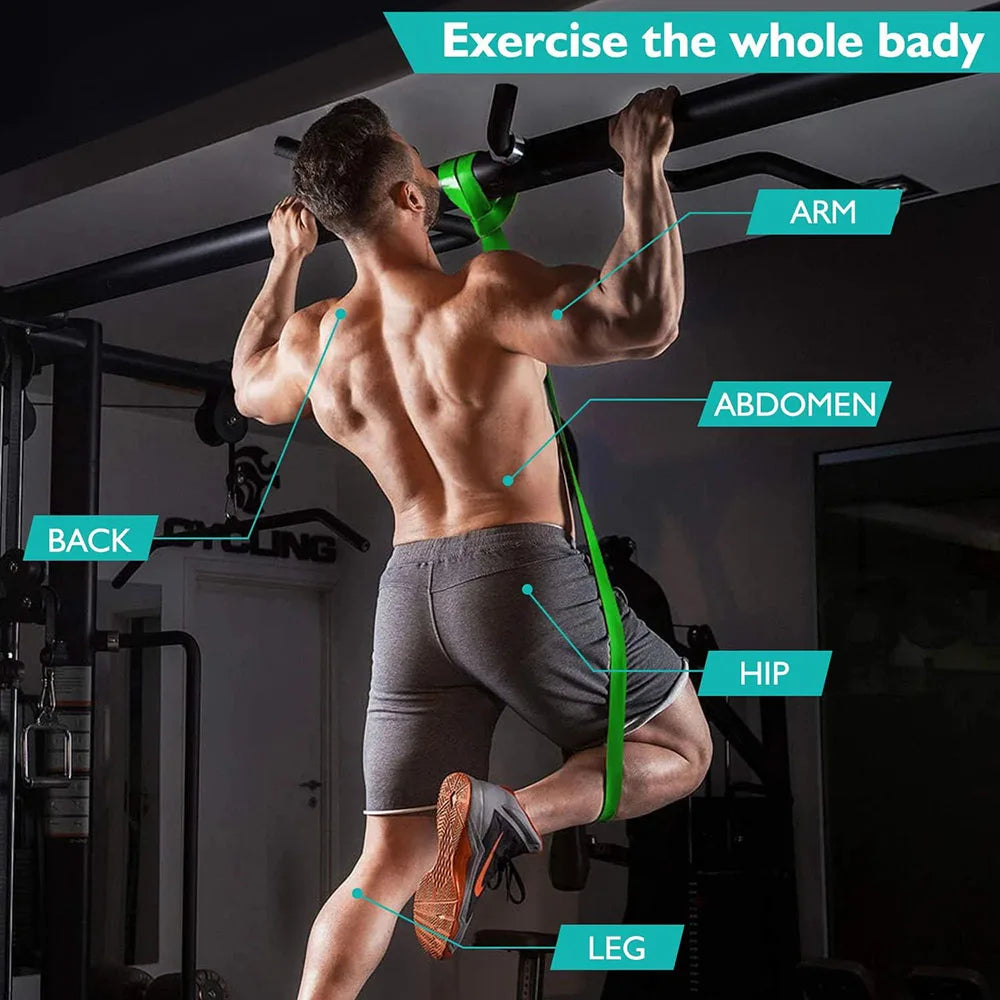Heavy duty latex resistance band for pull-ups and Pilates workouts, ideal for home gym fitness and shaping the body.