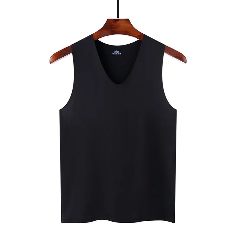 Seamless men's silk tank top, sleeveless sport bodysuit in plain design, ideal for casual summer gym wear and undershirts.
