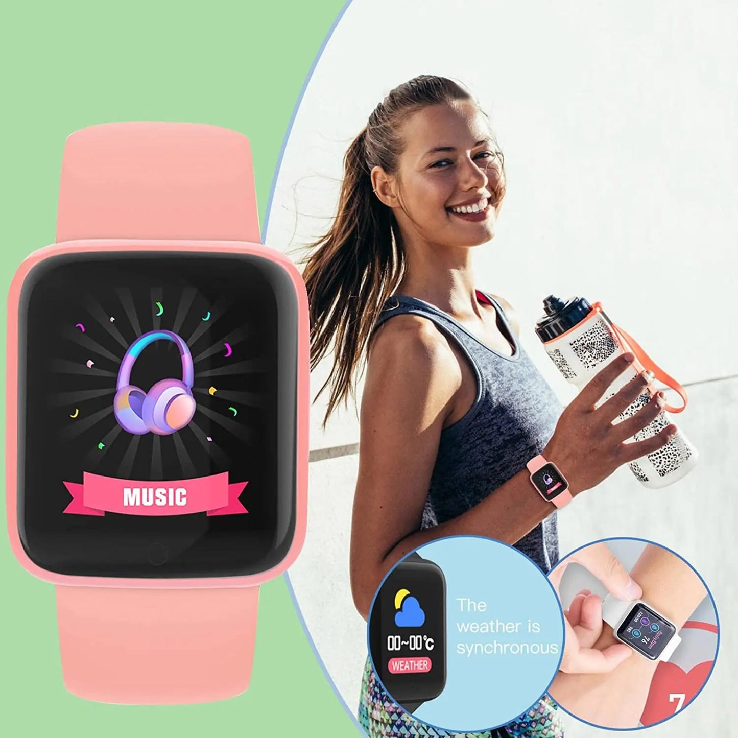 Smartwatch D20 by OPUYYM showing digital display, fitness tracker, sleep monitor, and Bluetooth connection on a sleek sports band.